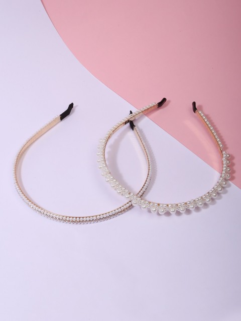 

Lilly & sparkle Women Pack Of 2 Gold-Toned Pearl & Diamond Encrusted Thin Hairband