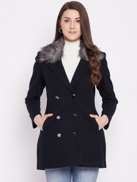 

Okane Women Navy Blue & Grey Solid Double-Breasted Overcoat