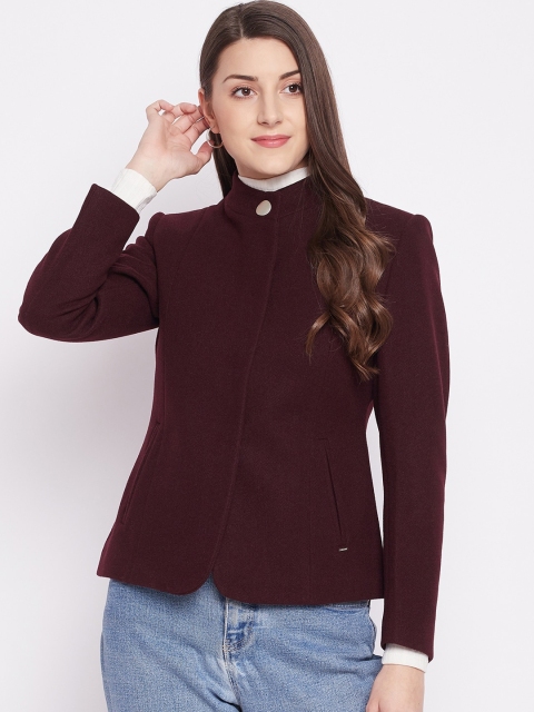 

Okane Women Burgundy Solid Woolen Overcoat