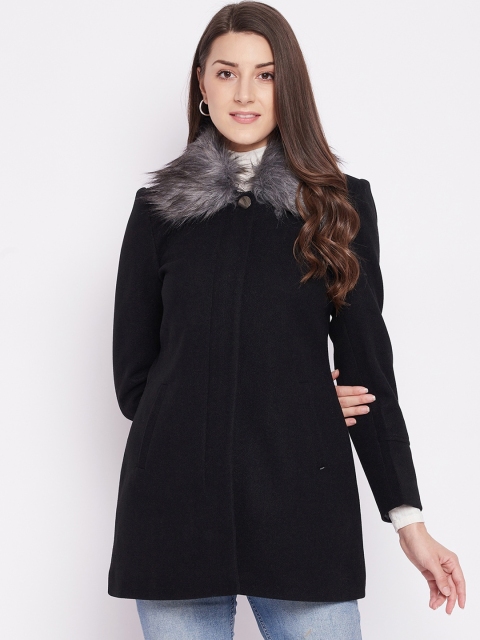 

Okane Women Black Solid Single-Breasted Woollen Overcoat