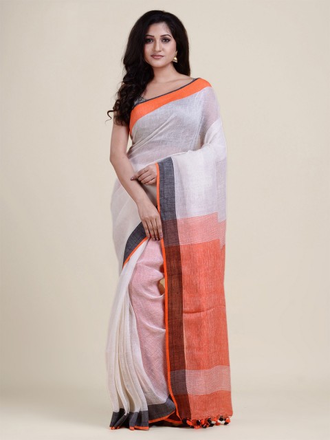 

Charukriti White & Orange Pure Linen Saree