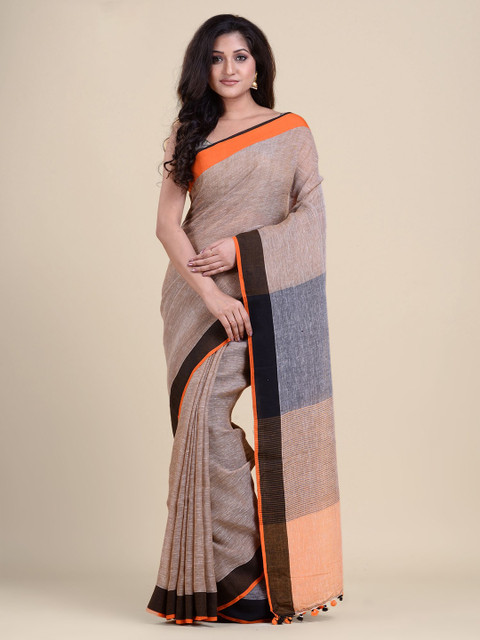 

Charukriti Beige & Orange Pure Linen Saree
