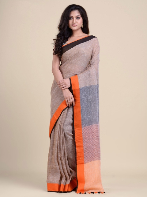 

Charukriti Beige & Black Solid Pure Linen Saree