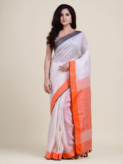 

Charukriti White & Orange Pure Linen Saree