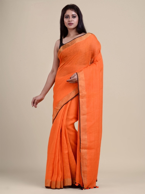

Charukriti Orange Solid Pure Linen Saree