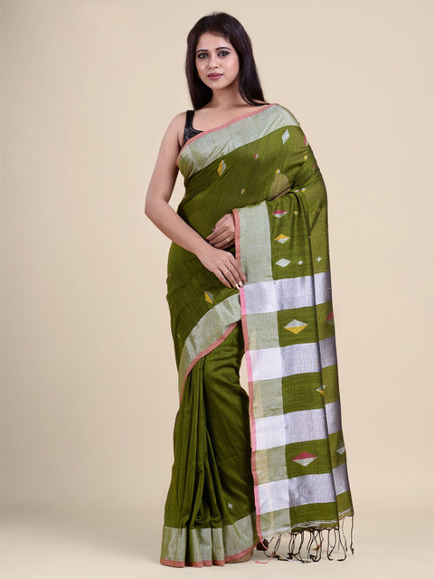 

Charukriti Green & Silver-Toned Zari Pure Cotton Saree