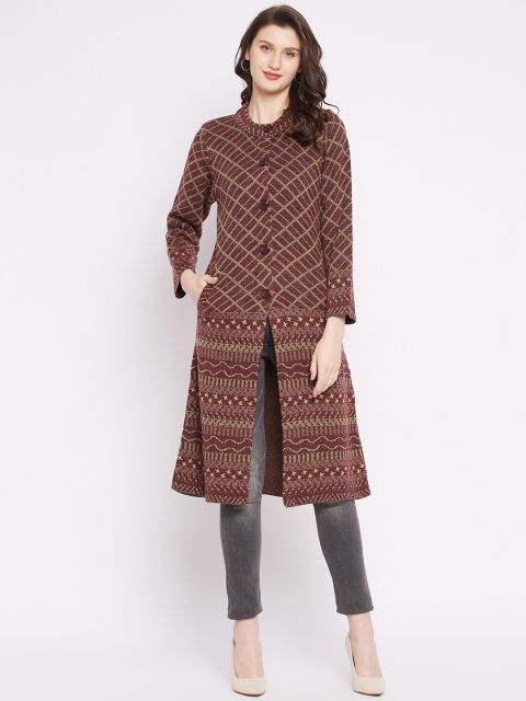 

Zigo Women Maroon & Tan Longline Cardigan