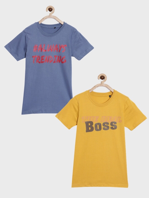 

SayItLoud Boys Blue & Mustard Yellow Typography 2 Printed Cotton T-shirt