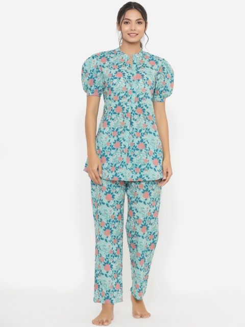 

JISORA Women Sea Green & Pink Printed Pure Cotton Night Suit