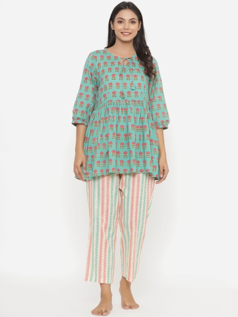 

JISORA Women Turquoise Blue & Pink Pure Cotton Printed Night suit