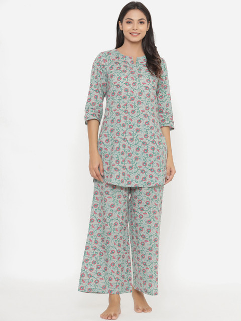 

JISORA Women Grey & Pink Pure Cotton Printed Night suit