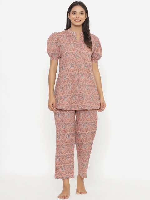

JISORA Women Pink & Grey Printed Pure Cotton Night Suit