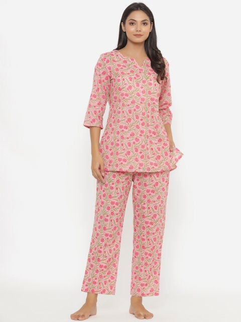 

JISORA Women Pink & Green Pure Cotton Printed Night suit
