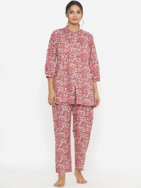 

JISORA Women Pink Floral Printed Pure Cotton Night Suit