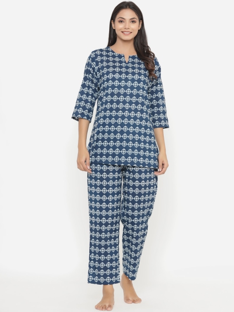 

JISORA Women Blue & White Pure Cotton Printed Night suit