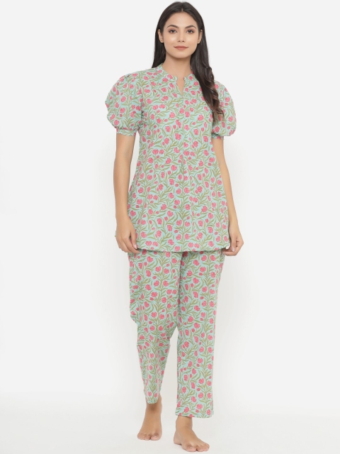 

JISORA Women Blue & Pink Printed Pure Cotton Night suit