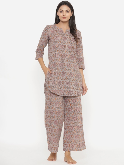 

JISORA Women Beige Floral Printed Pure Cotton Night Suit