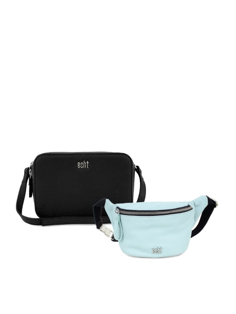 

echt Pack of 2 Black & Turquoise Blue Leather Bags