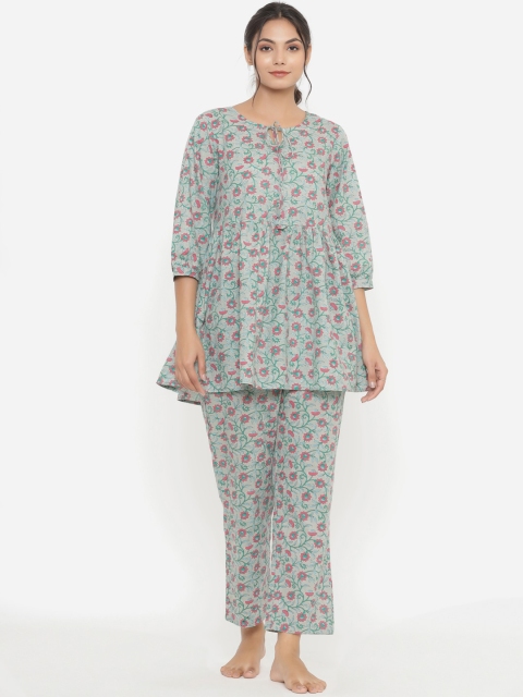 

JISORA Women Grey & Pink Printed Peplum Top Pure Cotton Night suit