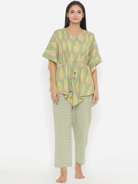 

JISORA Women Green & Yellow Printed Pure Cotton Night suit