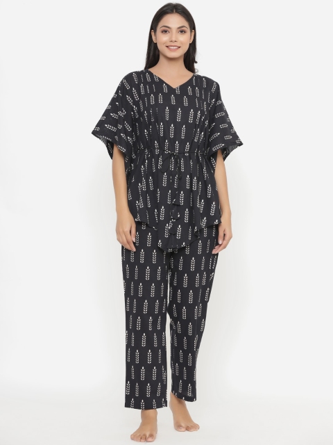 

JISORA Women Black & White Printed Pure Cotton Kaftan Night Suit