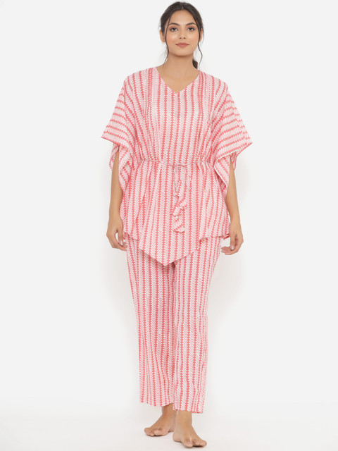 

JISORA Women Pink & White Printed Pure Cotton Kaftan Night suit