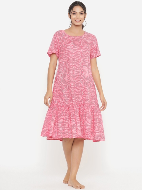 

JISORA Pink & White Printed Pure Cotton Nightdress