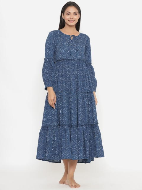 

JISORA Blue & White Printed Pure Cotton Nightdress