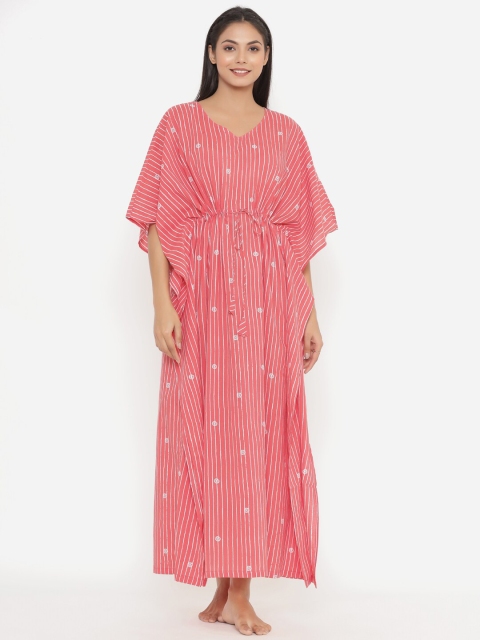 

JISORA Pink Printed Maxi Pure Cotton Nightdress
