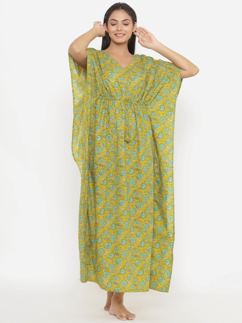 

JISORA Mustard Printed Maxi Kaftan Nightdress