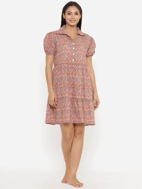 

JISORA Peach-Coloured Pure Cotton Printed Nightdress