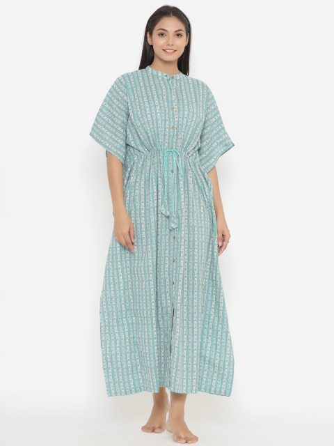 

JISORA Blue Printed Maxi Pure Cotton Nightdress