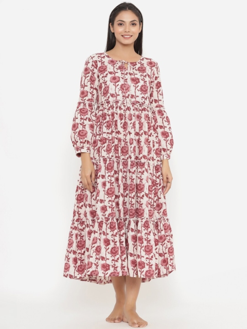 

JISORA Women Off White Printed Pure Cotton Midi Nightdress