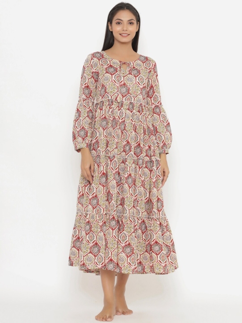 

JISORA Women Off White Ethnic Motifs Printed Pure Cotton Midi Nightdress
