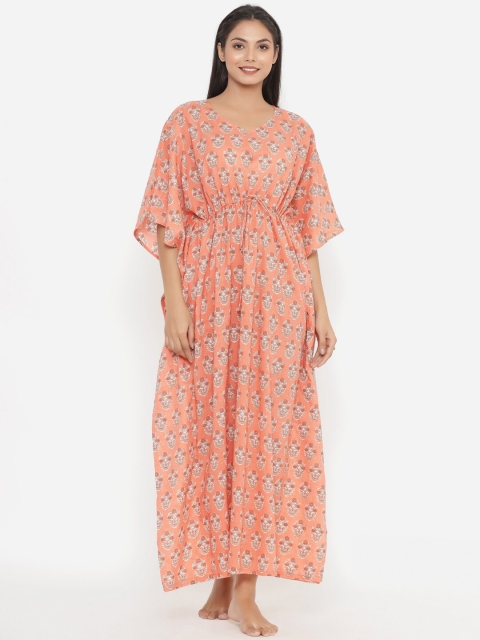 

JISORA Pink Printed Kaftan Pure Cotton Maxi Nightdress