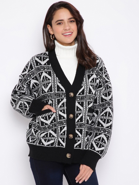 

iki chic Women Black & White Printed Cardigan
