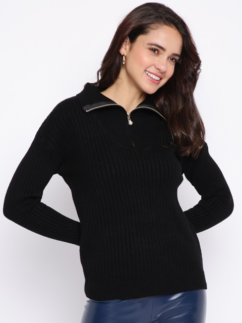 

iki chic Women Black Ribbed Wool Pullover With Zip Detail