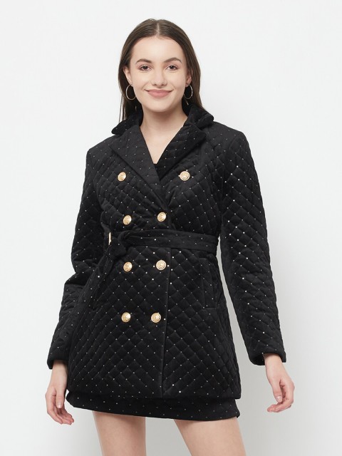 

iki chic Women Black Embellished Longline Velvet Blazer Coat with Skirt
