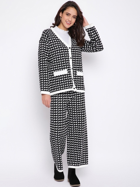 

iki chic Women Black & White Geometric Printed Cardigan with Trouser Set