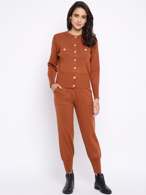 

iki chic Women Brown Knit Button Down Pure Cotton Cardigan And Joggers set