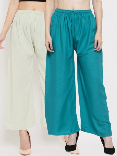 

Clora Creation Women Pack Of 2 Turquoise Blue & Cream-Coloured Solid Straight Palazzos