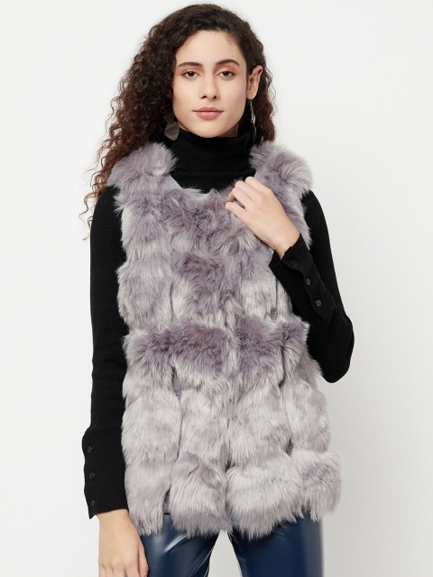 

iki chic Women Grey Lightweight Longline Faux Fur Tailored Jacket