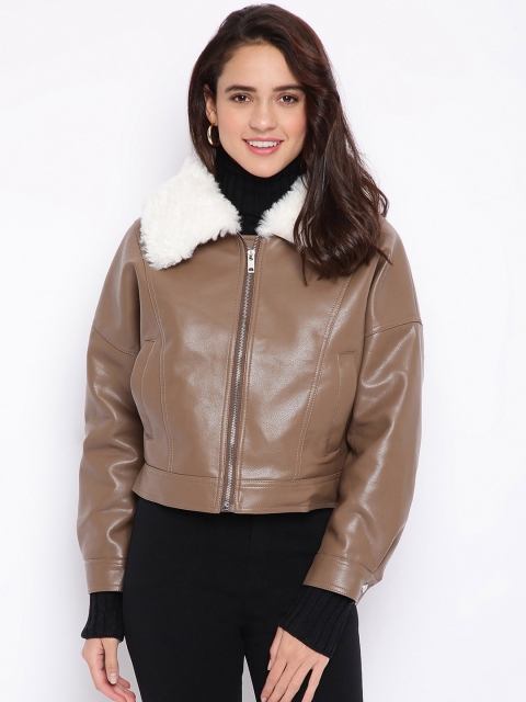 

iki chic Women Brown Leather Crop Outdoor Biker Jacket