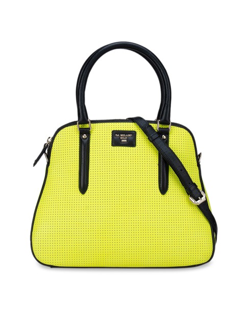 

Da Milano Lime Green Leather Structured Handheld Bag with Cut Work