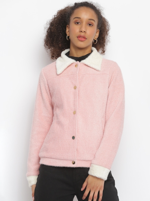

Her Grace Women Pink & White Self Design Woolen Overcoat