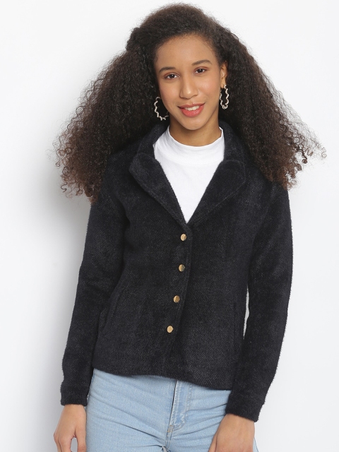

Her Grace Women Black Self-Design Woolen Overcoat