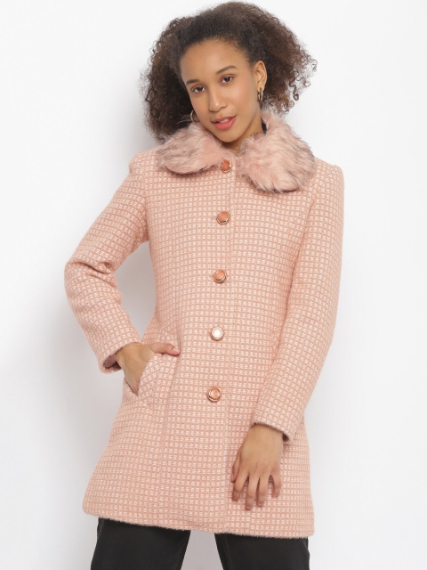 

Her Grace Women Peach-Coloured Checked Woolen Overcoat