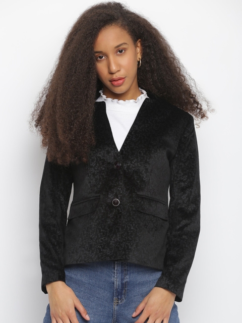 

Her Grace Women Black Printed Single-Breasted Woolen Overcoat