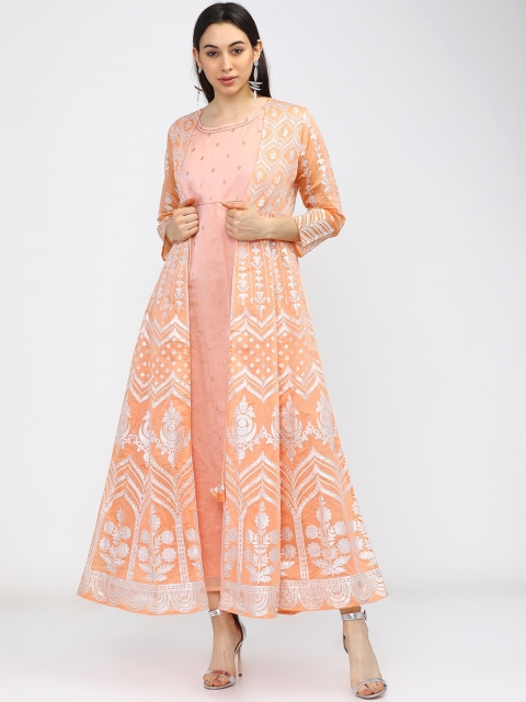 

Vishudh Women Orange Floral Longline Tailored Jacket
