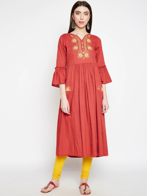 

Be Indi Women Rust Striped Flared Sleeves Thread Work Anarkali Kurta